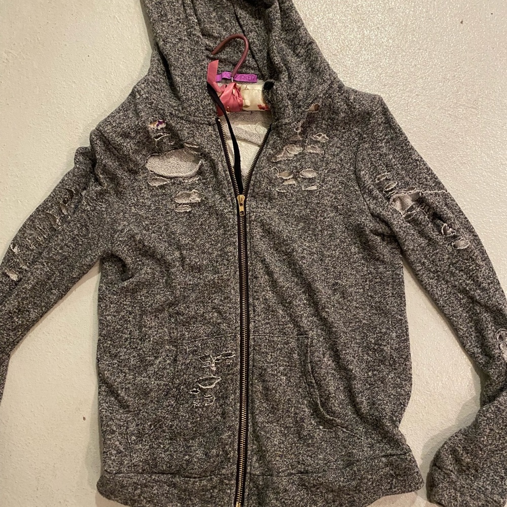 Ripped marled French terry zippered sweatshirt